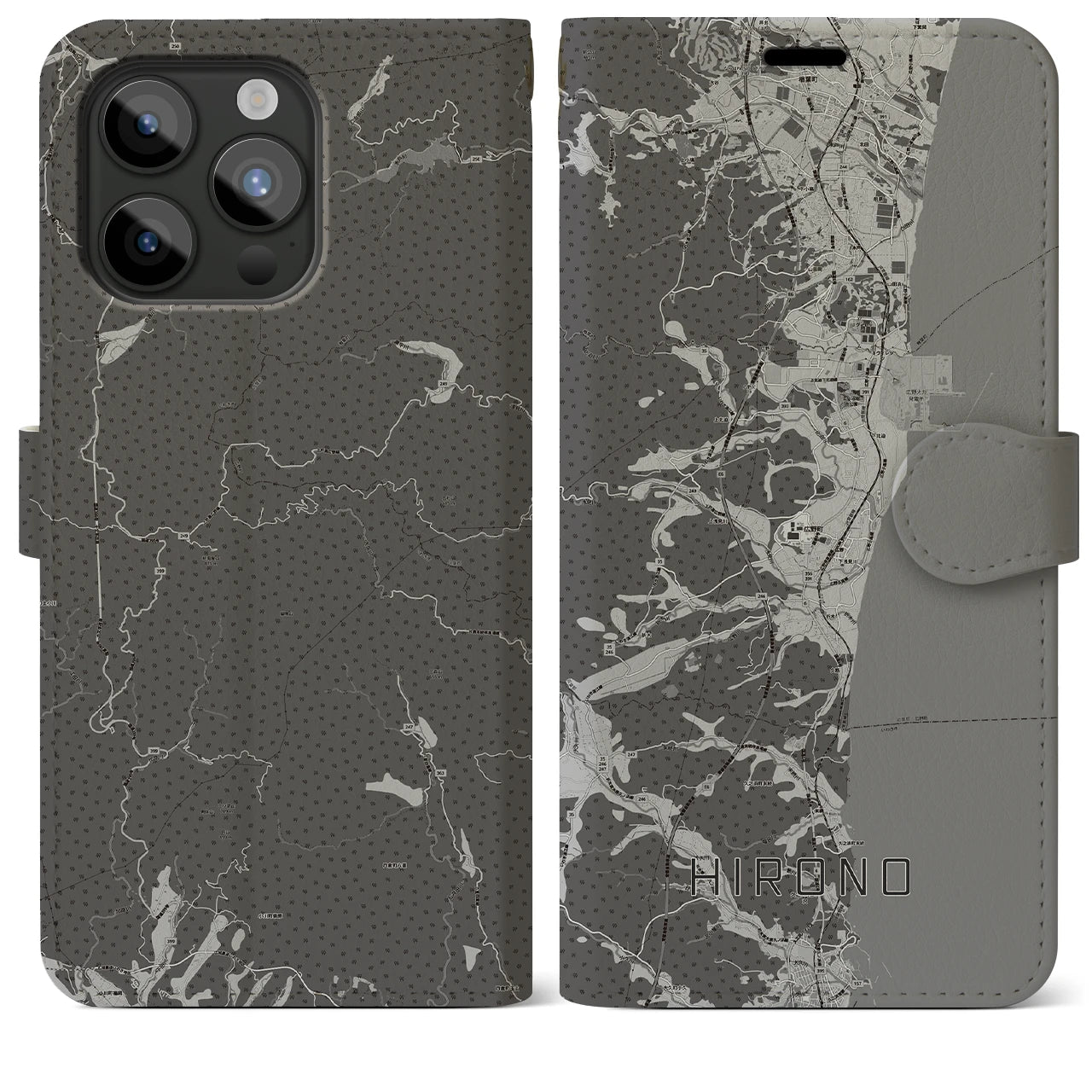 【広野(福島県)】地図柄iPhoneケース(手帳タイプ)モノトーン・iPhone 15 Pro Max 用