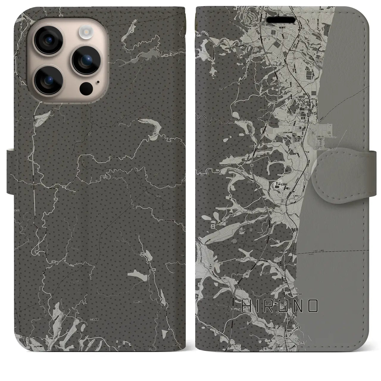 【広野(福島県)】地図柄iPhoneケース(手帳タイプ)モノトーン・iPhone 16 Plus 用