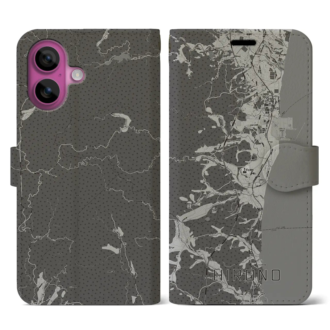 【広野(福島県)】地図柄iPhoneケース(手帳タイプ)モノトーン・iPhone 16 Pro 用