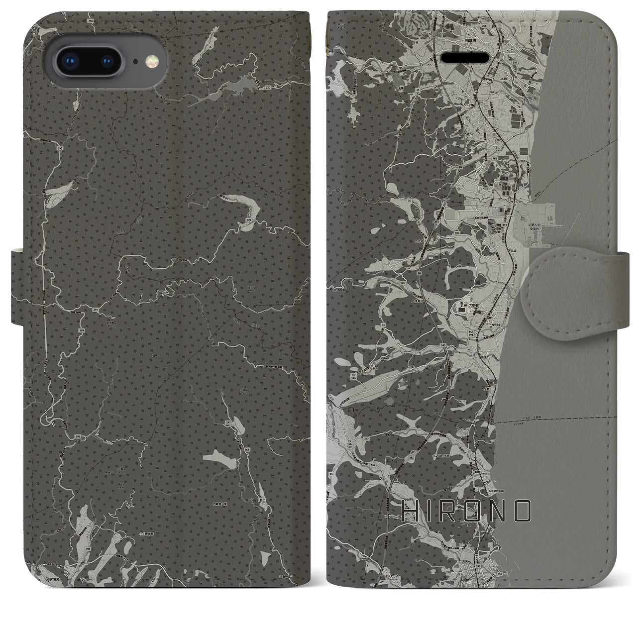 【広野(福島県)】地図柄iPhoneケース(手帳タイプ)モノトーン・iPhone 8Plus /7Plus / 6sPlus / 6Plus 用