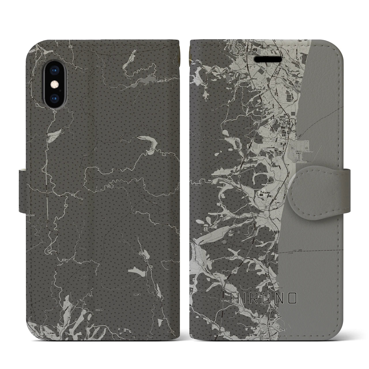 【広野(福島県)】地図柄iPhoneケース(手帳タイプ)モノトーン・iPhone XS / X 用