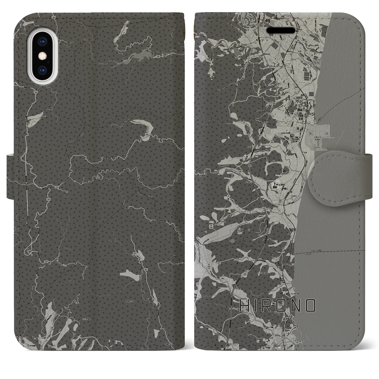 【広野(福島県)】地図柄iPhoneケース(手帳タイプ)モノトーン・iPhone XS Max 用