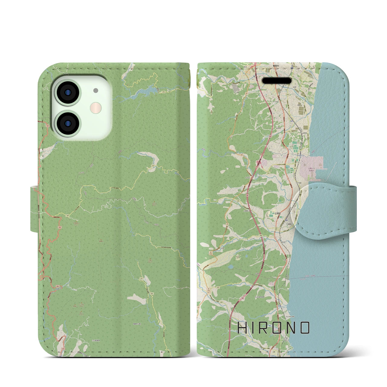 【広野(福島県)】地図柄iPhoneケース(手帳タイプ)ナチュラル・iPhone 12 mini 用