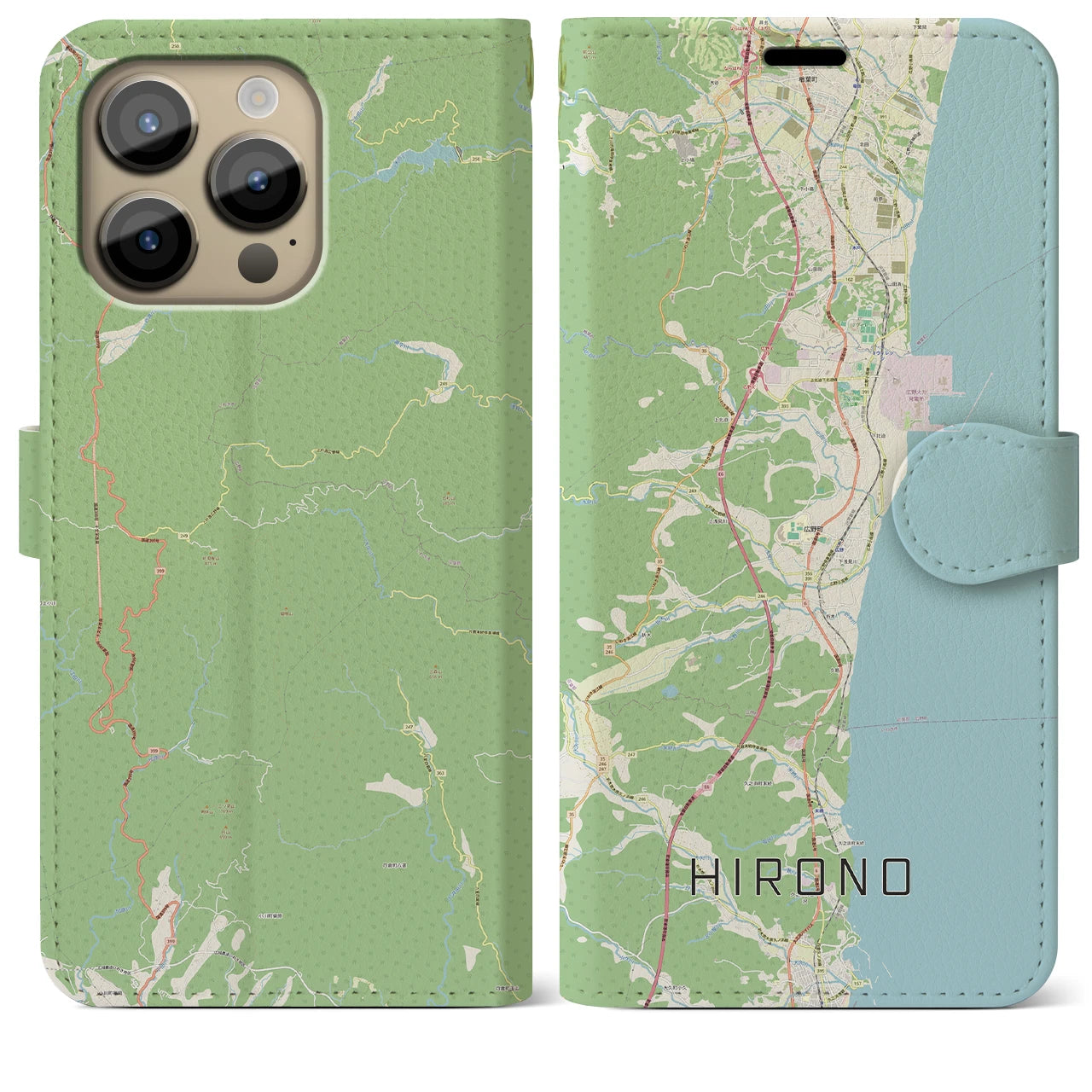 【広野(福島県)】地図柄iPhoneケース(手帳タイプ)ナチュラル・iPhone 14 Pro Max 用