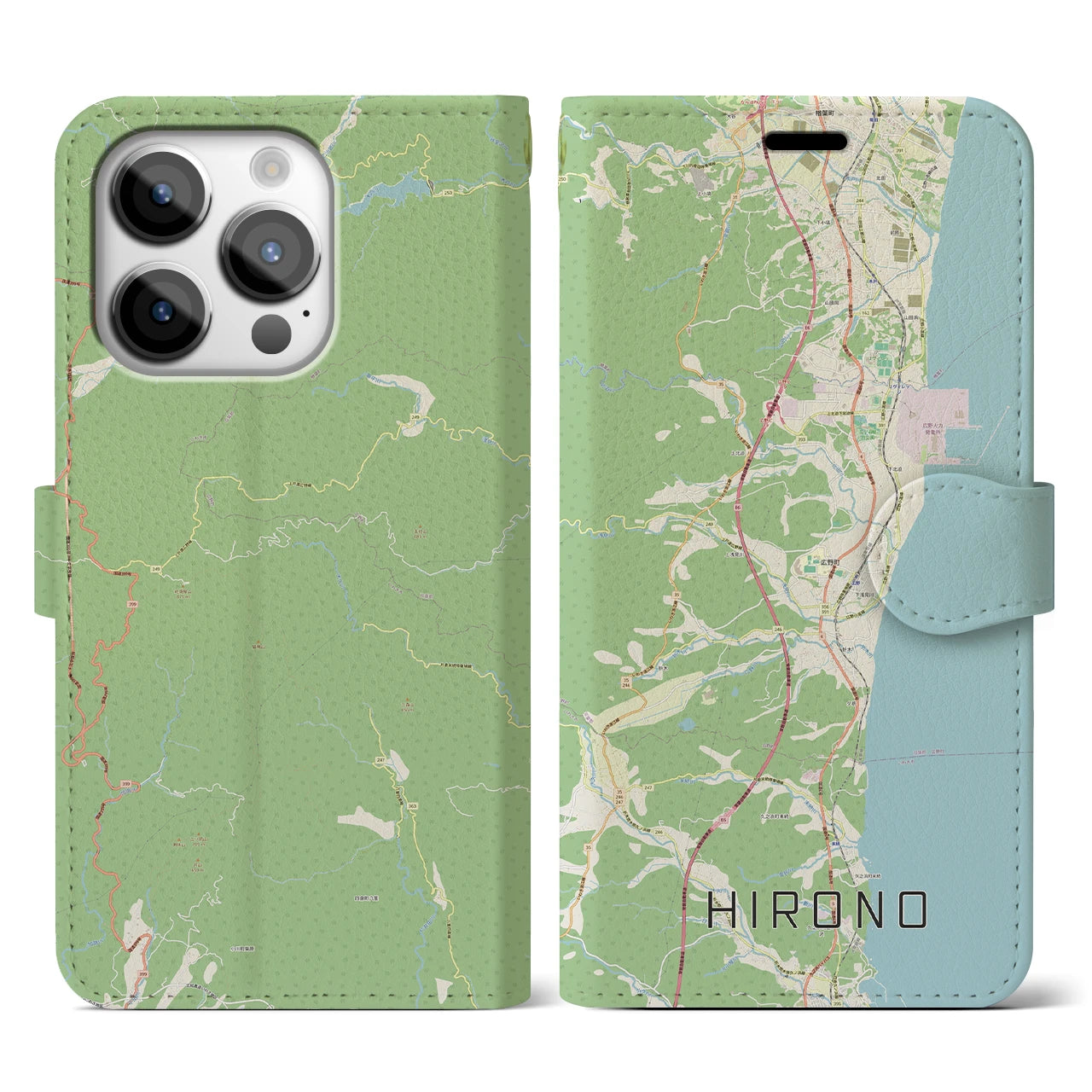 【広野(福島県)】地図柄iPhoneケース(手帳タイプ)ナチュラル・iPhone 14 Pro 用