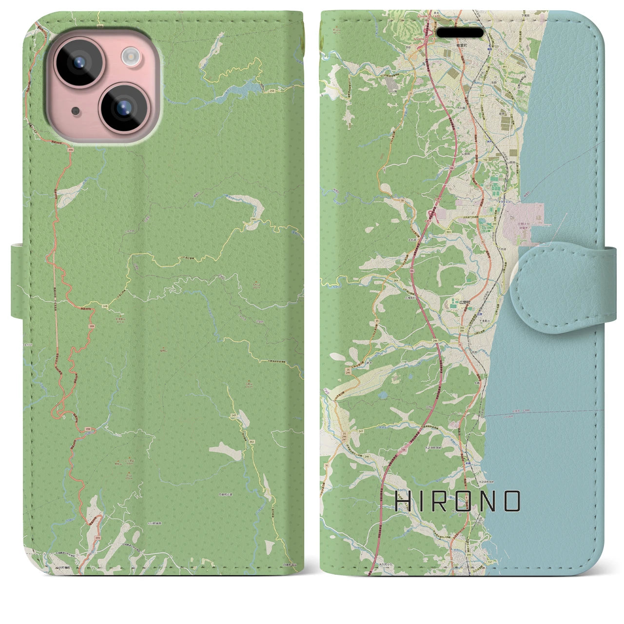 【広野(福島県)】地図柄iPhoneケース(手帳タイプ)ナチュラル・iPhone 15 Plus 用