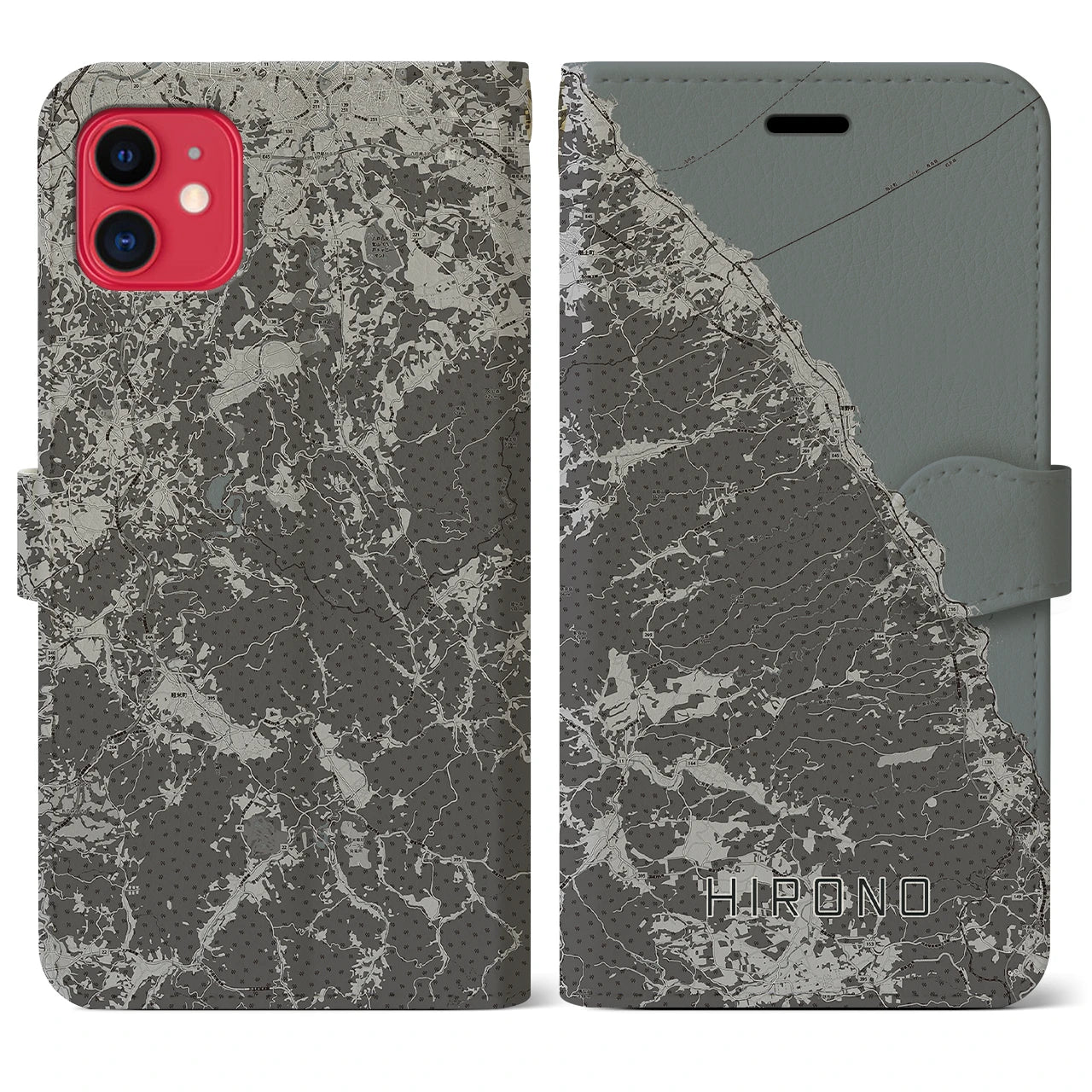 【洋野(岩手県)】地図柄iPhoneケース(手帳タイプ)モノトーン・iPhone 11 用