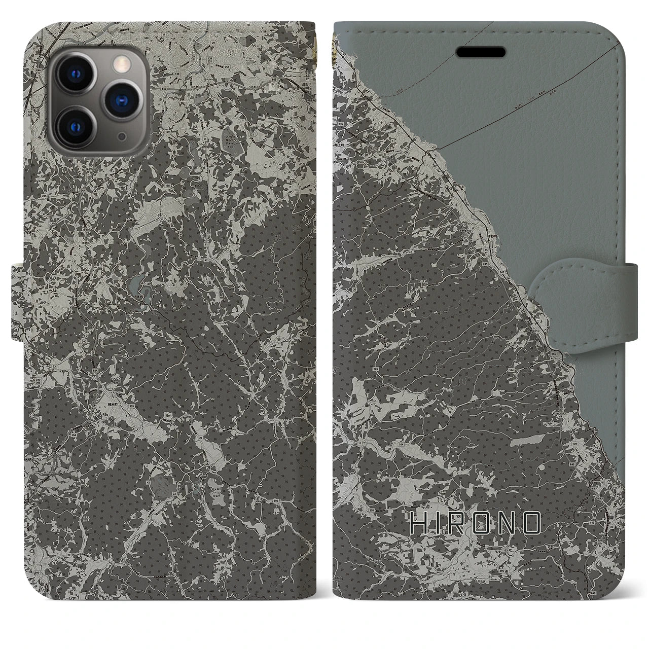 【洋野(岩手県)】地図柄iPhoneケース(手帳タイプ)モノトーン・iPhone 11 Pro Max 用