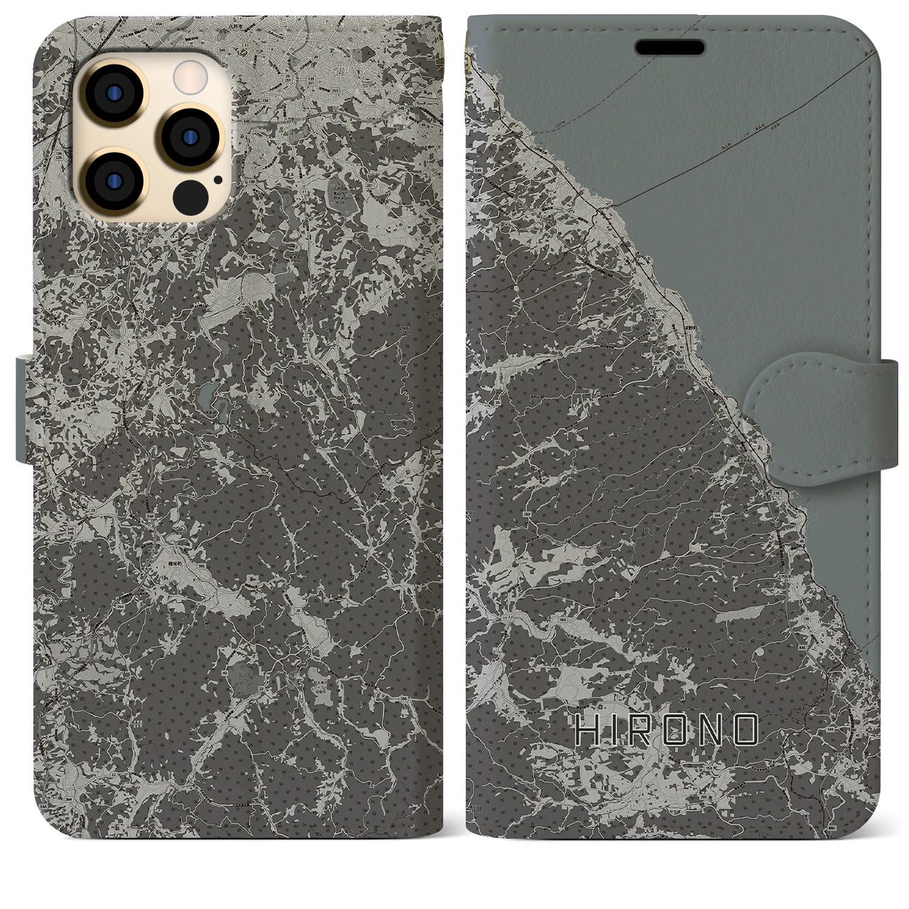 【洋野(岩手県)】地図柄iPhoneケース(手帳タイプ)モノトーン・iPhone 12 Pro Max 用