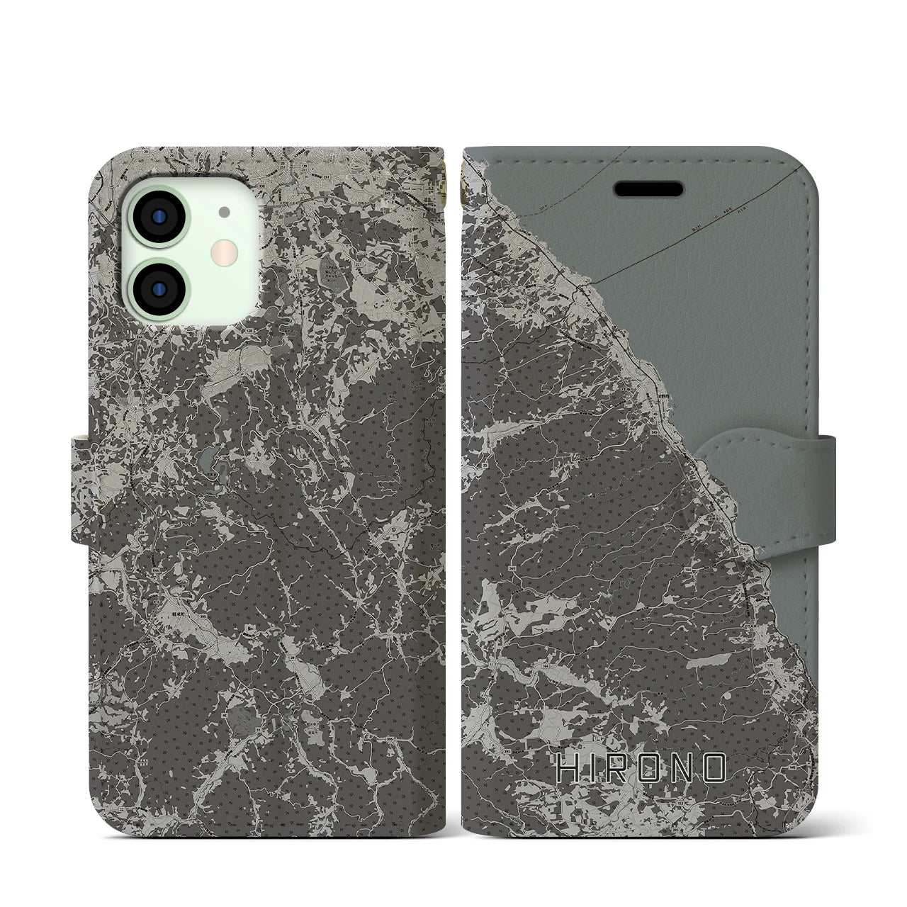 【洋野(岩手県)】地図柄iPhoneケース(手帳タイプ)モノトーン・iPhone 12 mini 用