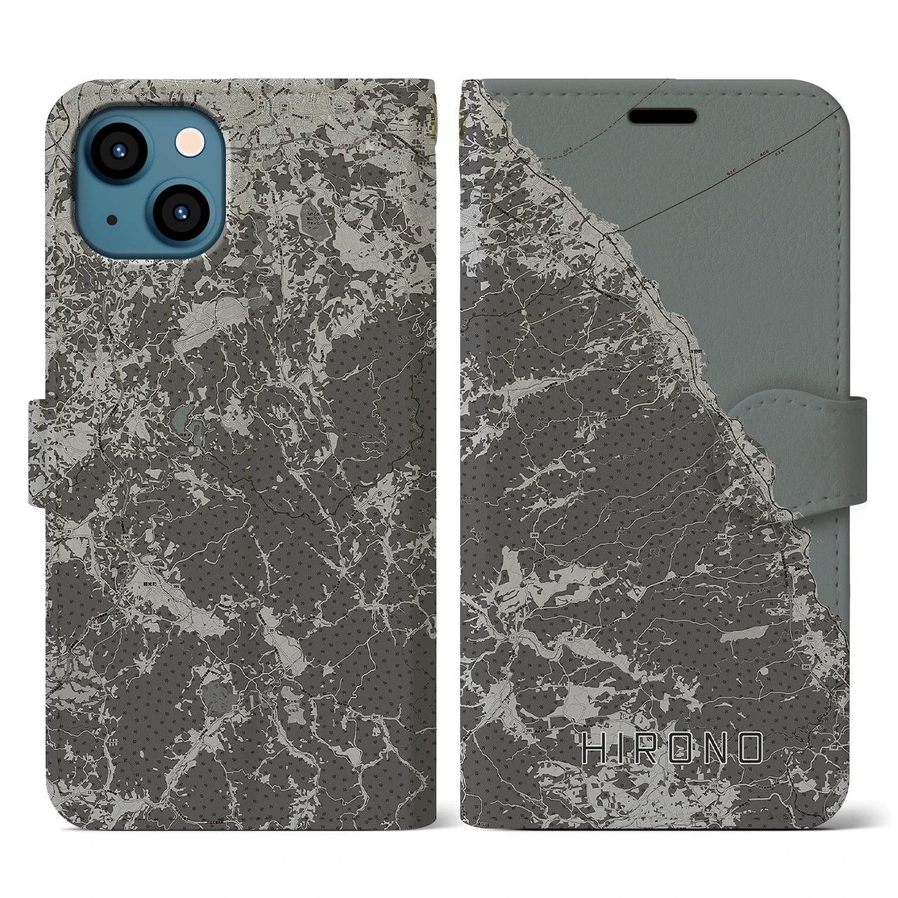 【洋野(岩手県)】地図柄iPhoneケース(手帳タイプ)モノトーン・iPhone 13 用