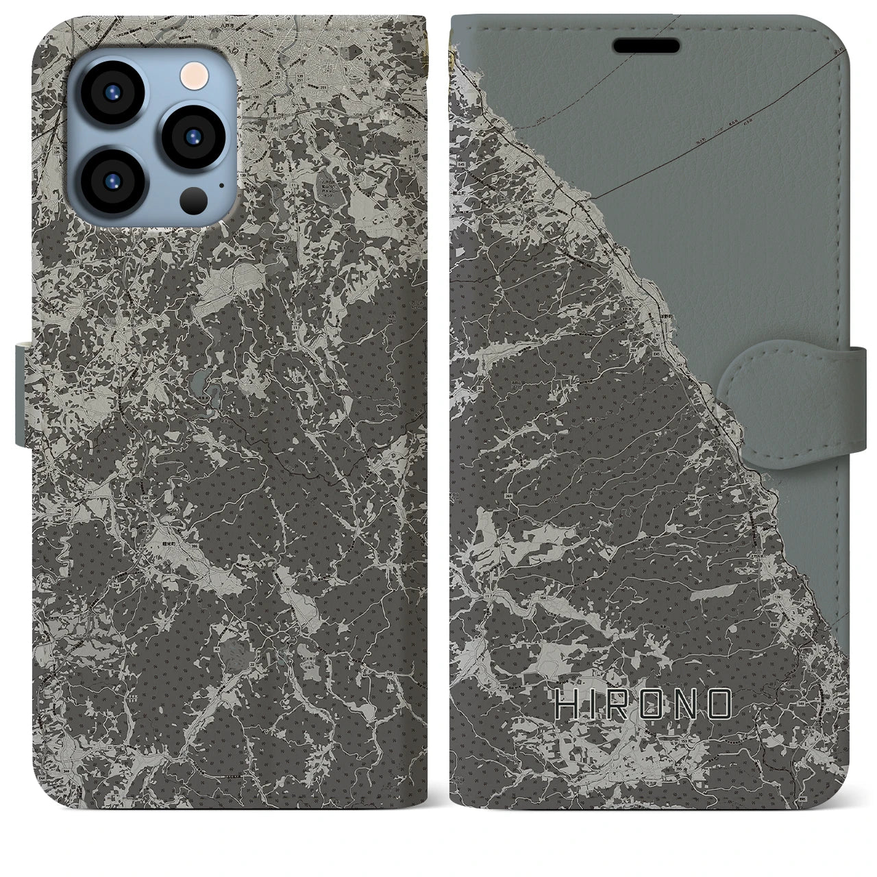 【洋野(岩手県)】地図柄iPhoneケース(手帳タイプ)モノトーン・iPhone 13 Pro Max 用