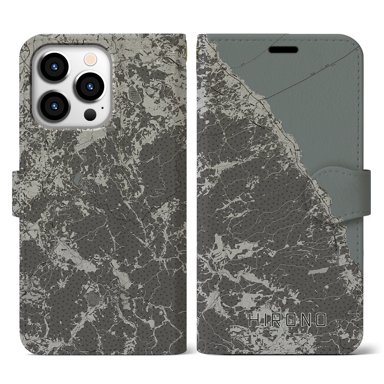 【洋野(岩手県)】地図柄iPhoneケース(手帳タイプ)モノトーン・iPhone 13 Pro 用