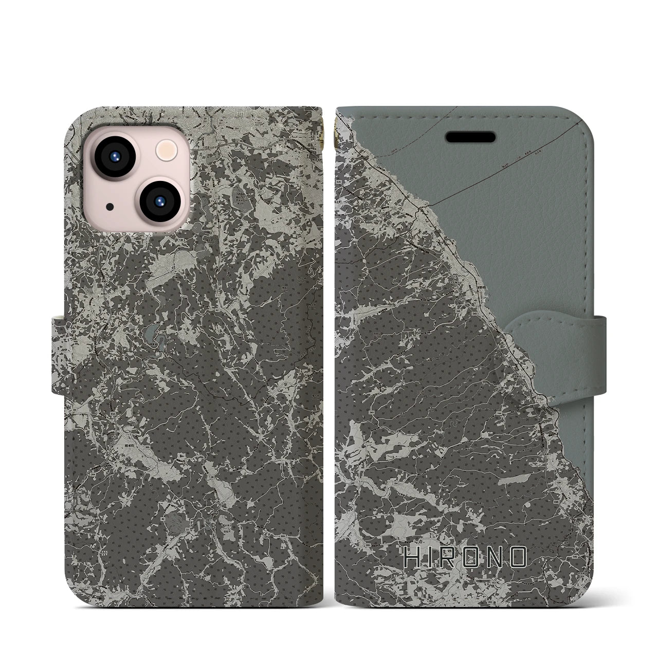 【洋野(岩手県)】地図柄iPhoneケース(手帳タイプ)モノトーン・iPhone 13 mini 用