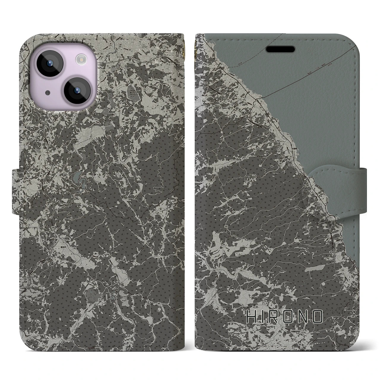【洋野(岩手県)】地図柄iPhoneケース(手帳タイプ)モノトーン・iPhone 14 用