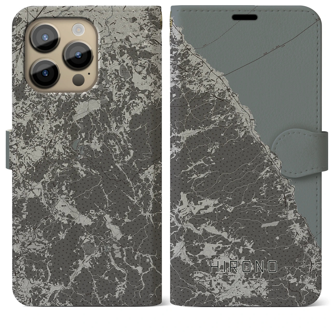 【洋野(岩手県)】地図柄iPhoneケース(手帳タイプ)モノトーン・iPhone 14 Pro Max 用