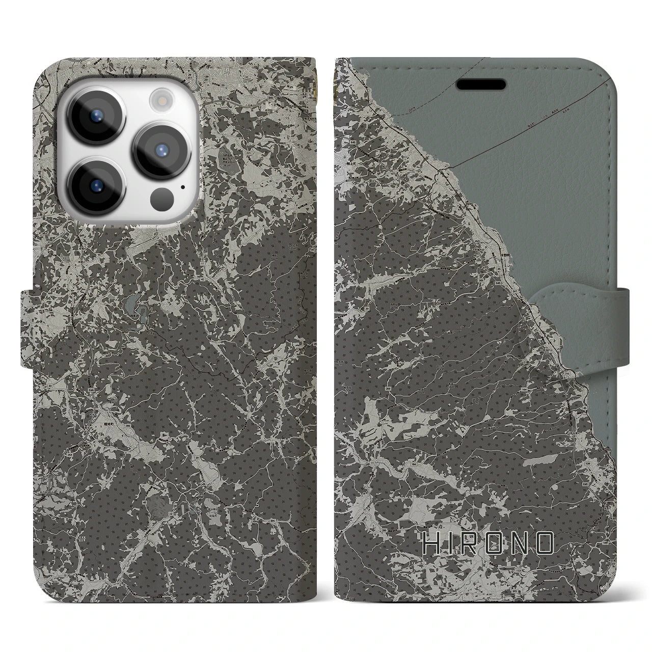 【洋野(岩手県)】地図柄iPhoneケース(手帳タイプ)モノトーン・iPhone 14 Pro 用