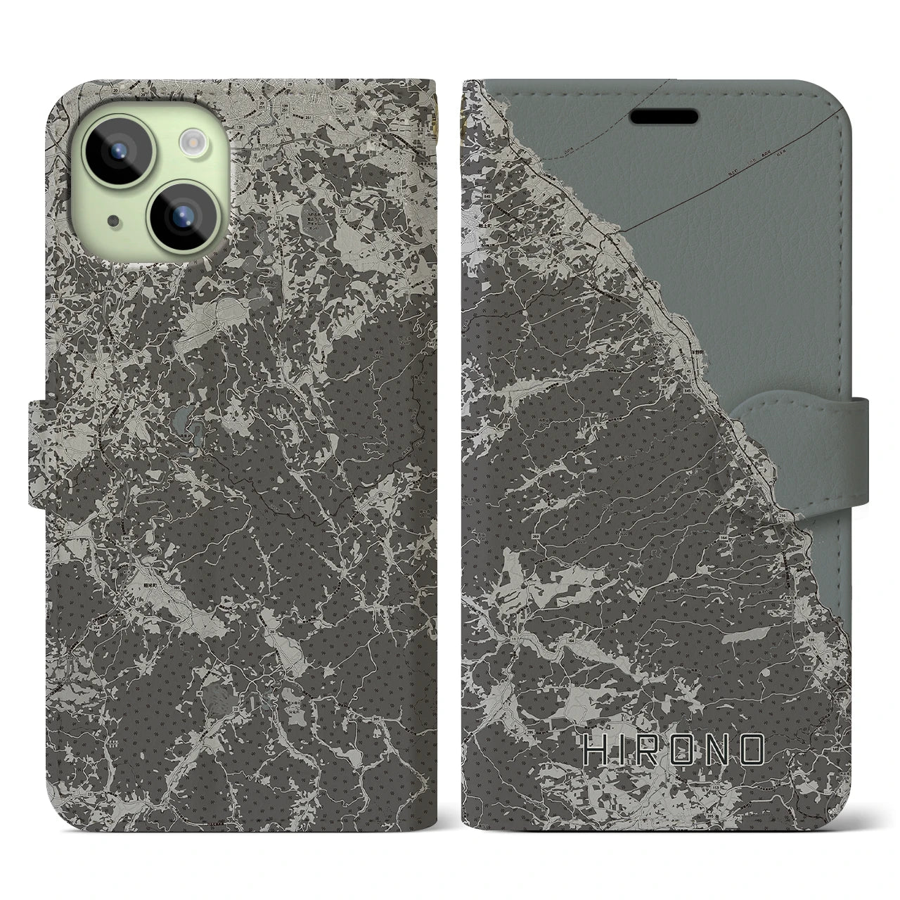 【洋野(岩手県)】地図柄iPhoneケース(手帳タイプ)モノトーン・iPhone 15 用