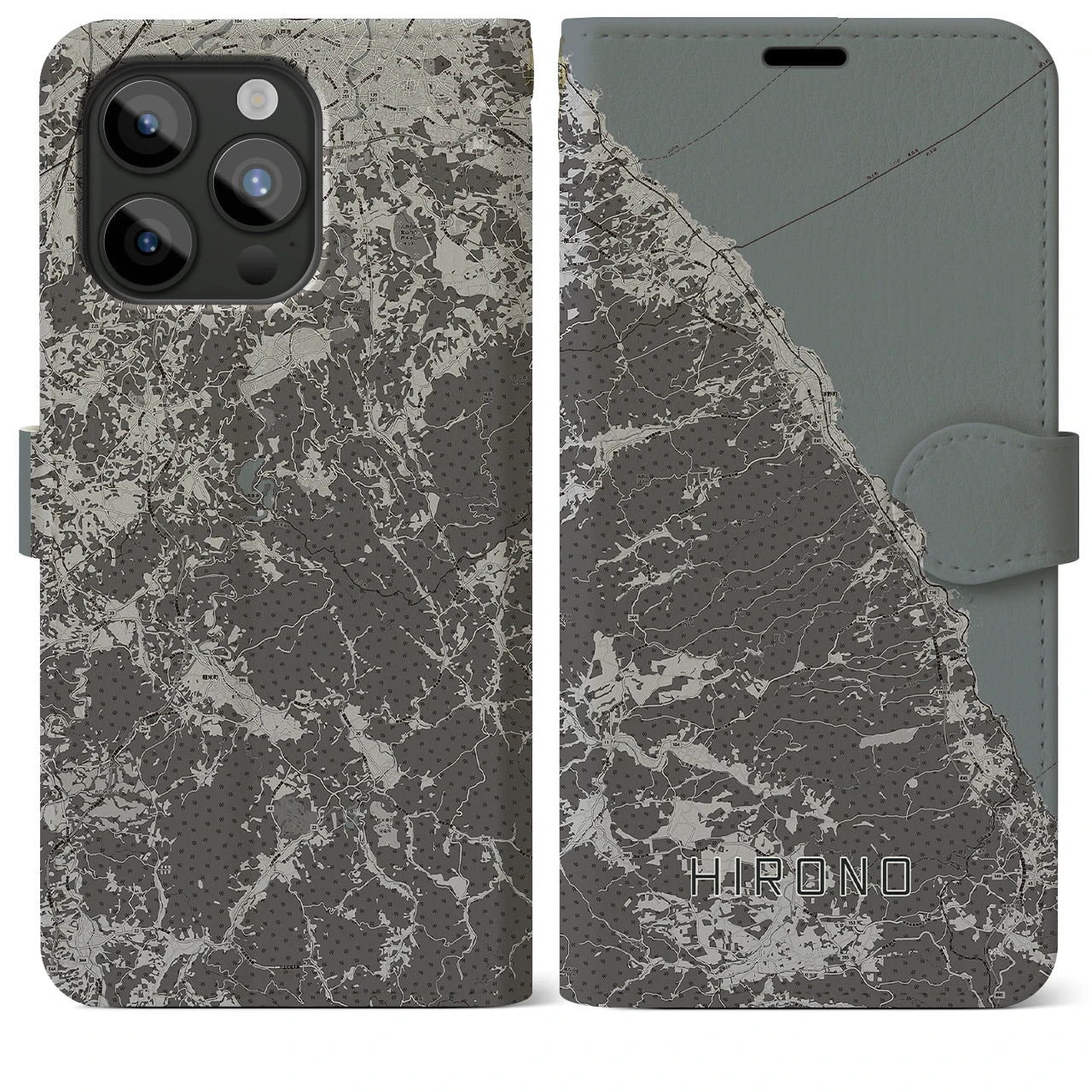 【洋野(岩手県)】地図柄iPhoneケース(手帳タイプ)モノトーン・iPhone 15 Pro Max 用