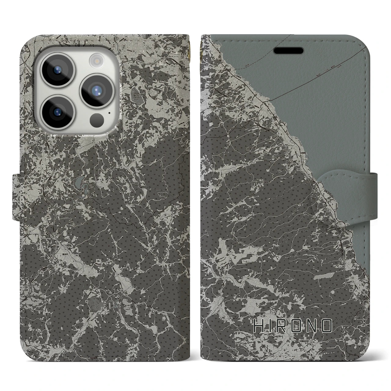 【洋野(岩手県)】地図柄iPhoneケース(手帳タイプ)モノトーン・iPhone 15 Pro 用