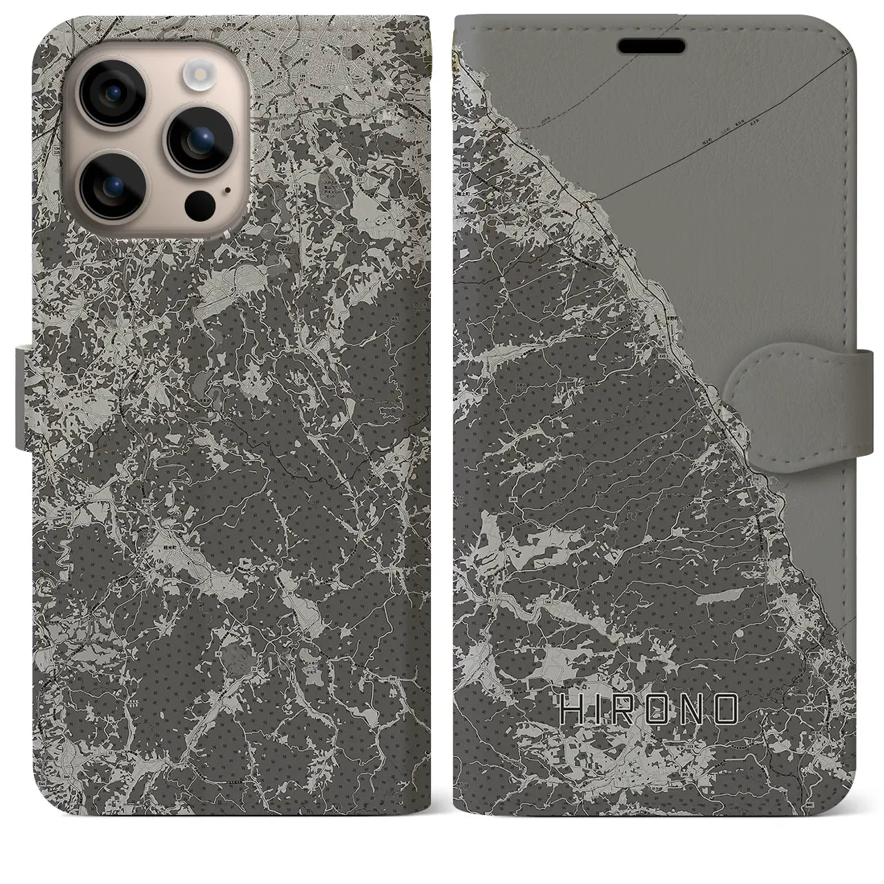 【洋野(岩手県)】地図柄iPhoneケース(手帳タイプ)モノトーン・iPhone 16 Plus 用