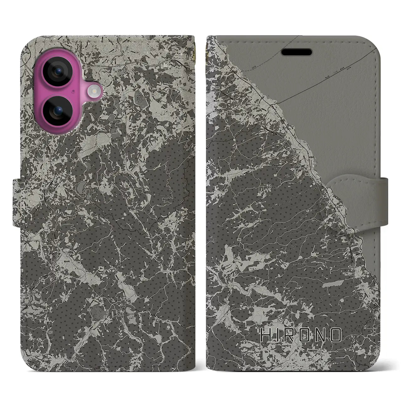 【洋野(岩手県)】地図柄iPhoneケース(手帳タイプ)モノトーン・iPhone 16 Pro 用