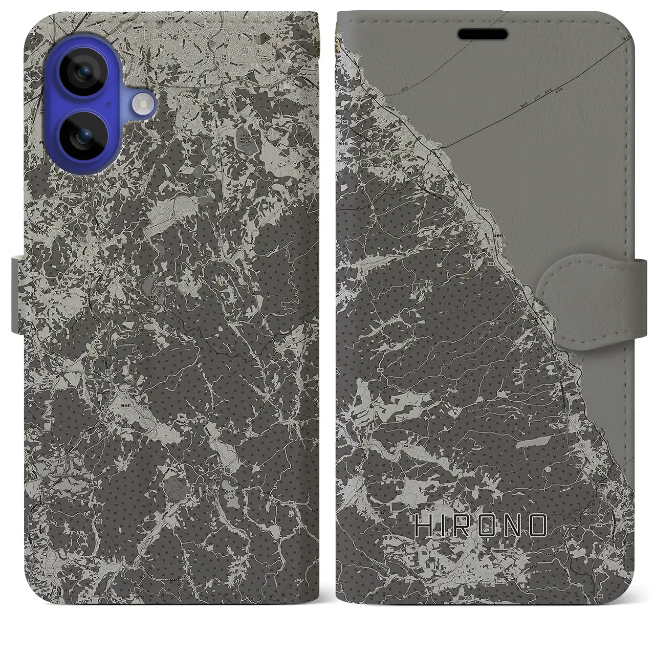 【洋野(岩手県)】地図柄iPhoneケース(手帳タイプ)モノトーン・iPhone 16 Pro Max 用