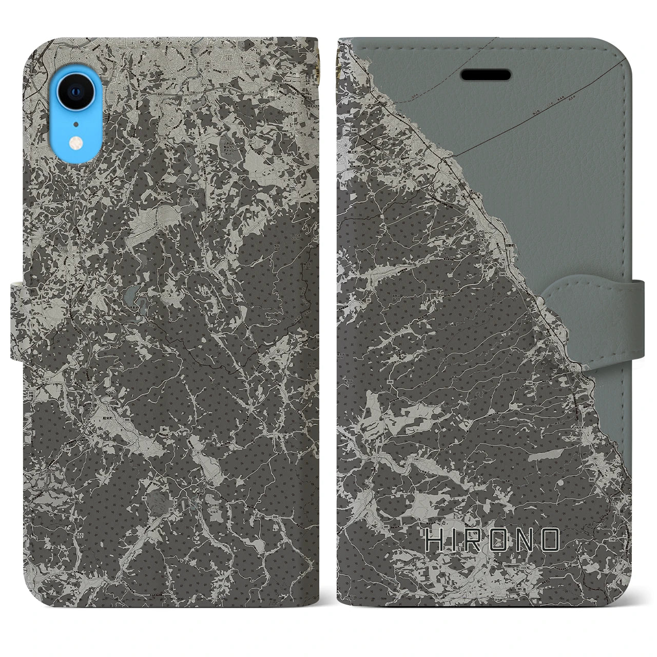 【洋野(岩手県)】地図柄iPhoneケース(手帳タイプ)モノトーン・iPhone XR 用