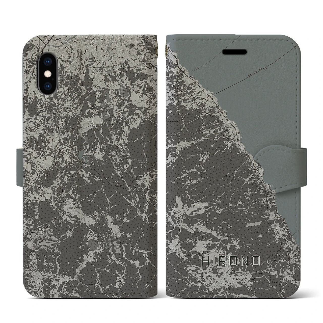 【洋野(岩手県)】地図柄iPhoneケース(手帳タイプ)モノトーン・iPhone XS / X 用