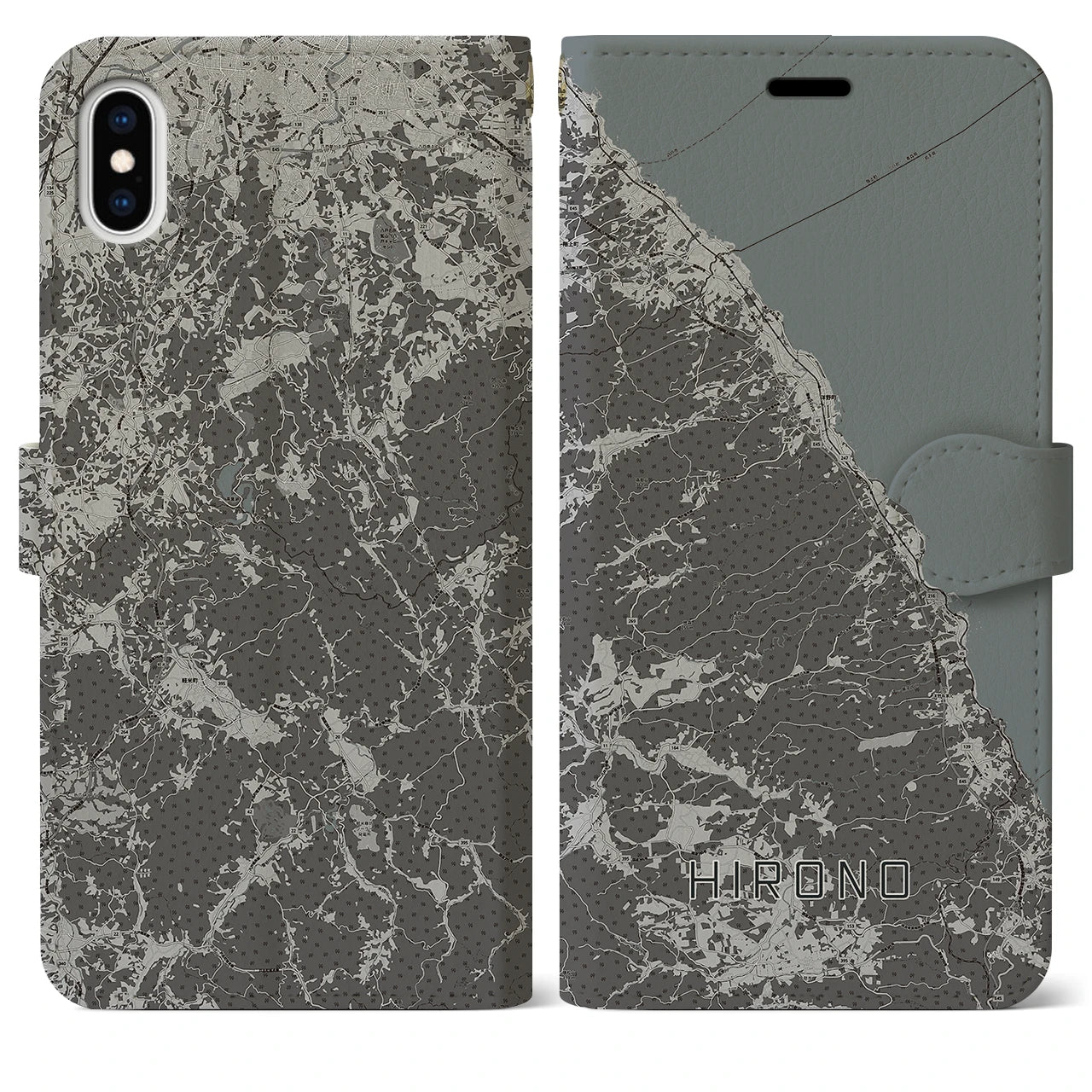 【洋野(岩手県)】地図柄iPhoneケース(手帳タイプ)モノトーン・iPhone XS Max 用