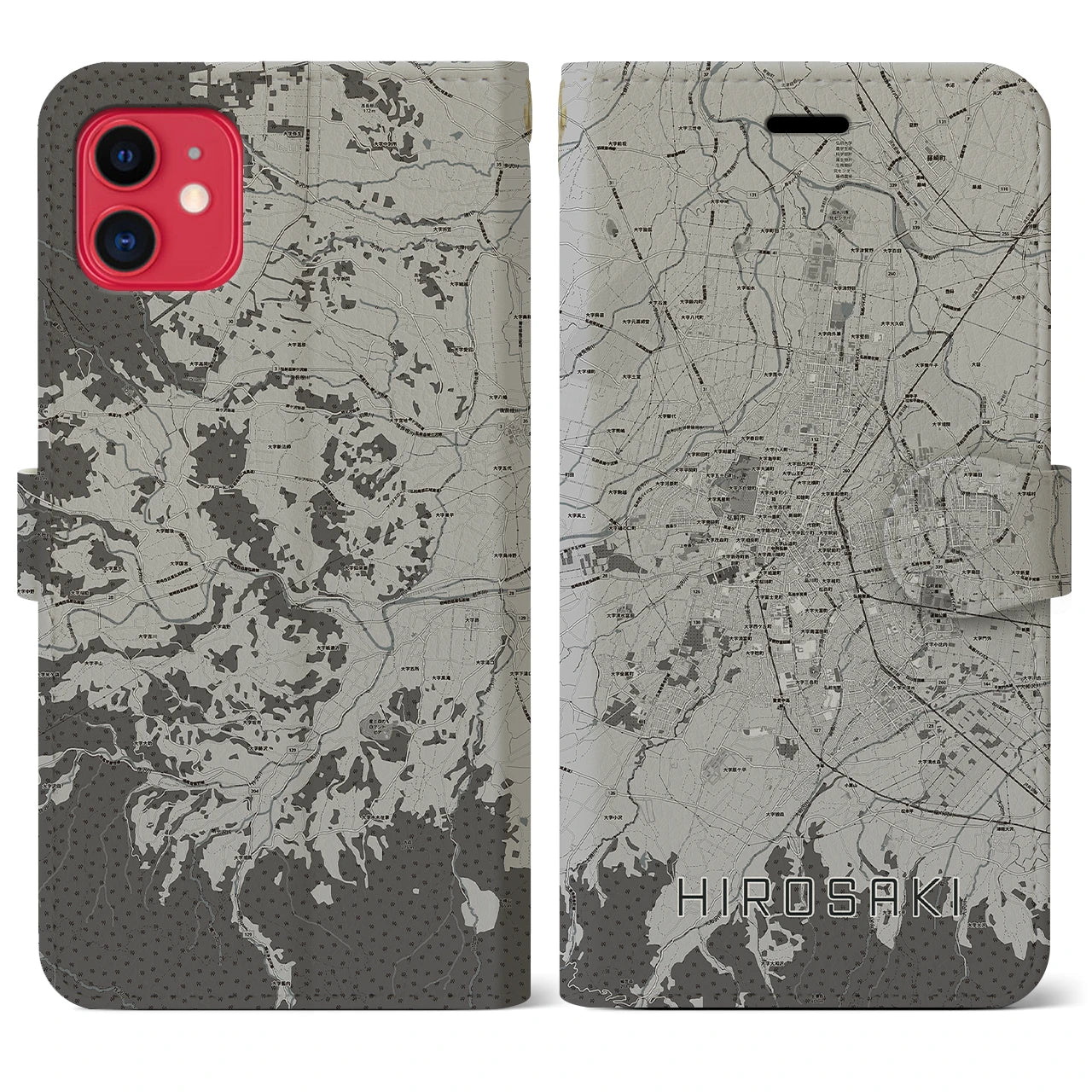 【弘前(青森県)】地図柄iPhoneケース(手帳タイプ)モノトーン・iPhone 11 用