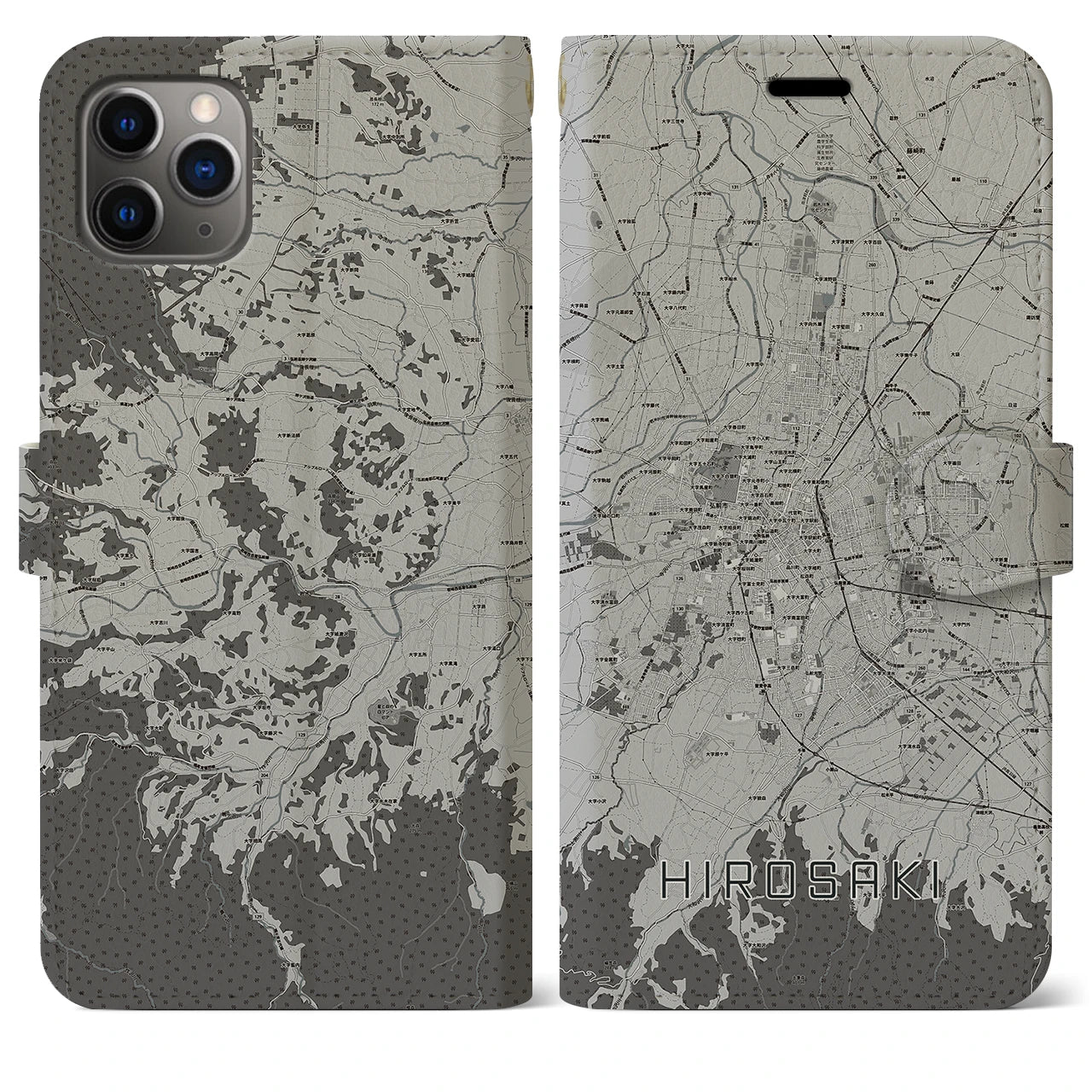 【弘前(青森県)】地図柄iPhoneケース(手帳タイプ)モノトーン・iPhone 11 Pro Max 用