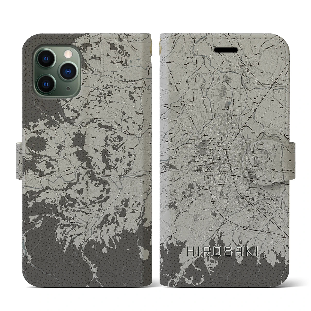 【弘前(青森県)】地図柄iPhoneケース(手帳タイプ)モノトーン・iPhone 11 Pro 用