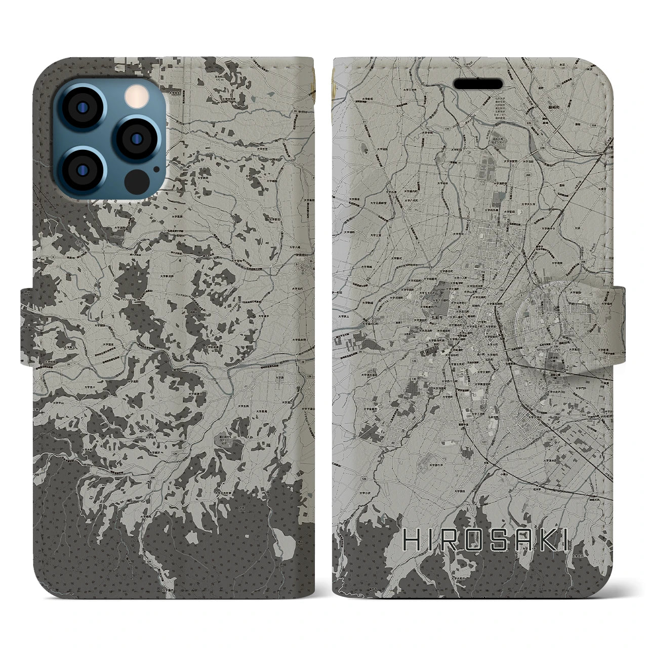 【弘前(青森県)】地図柄iPhoneケース(手帳タイプ)モノトーン・iPhone 12 / 12 Pro 用