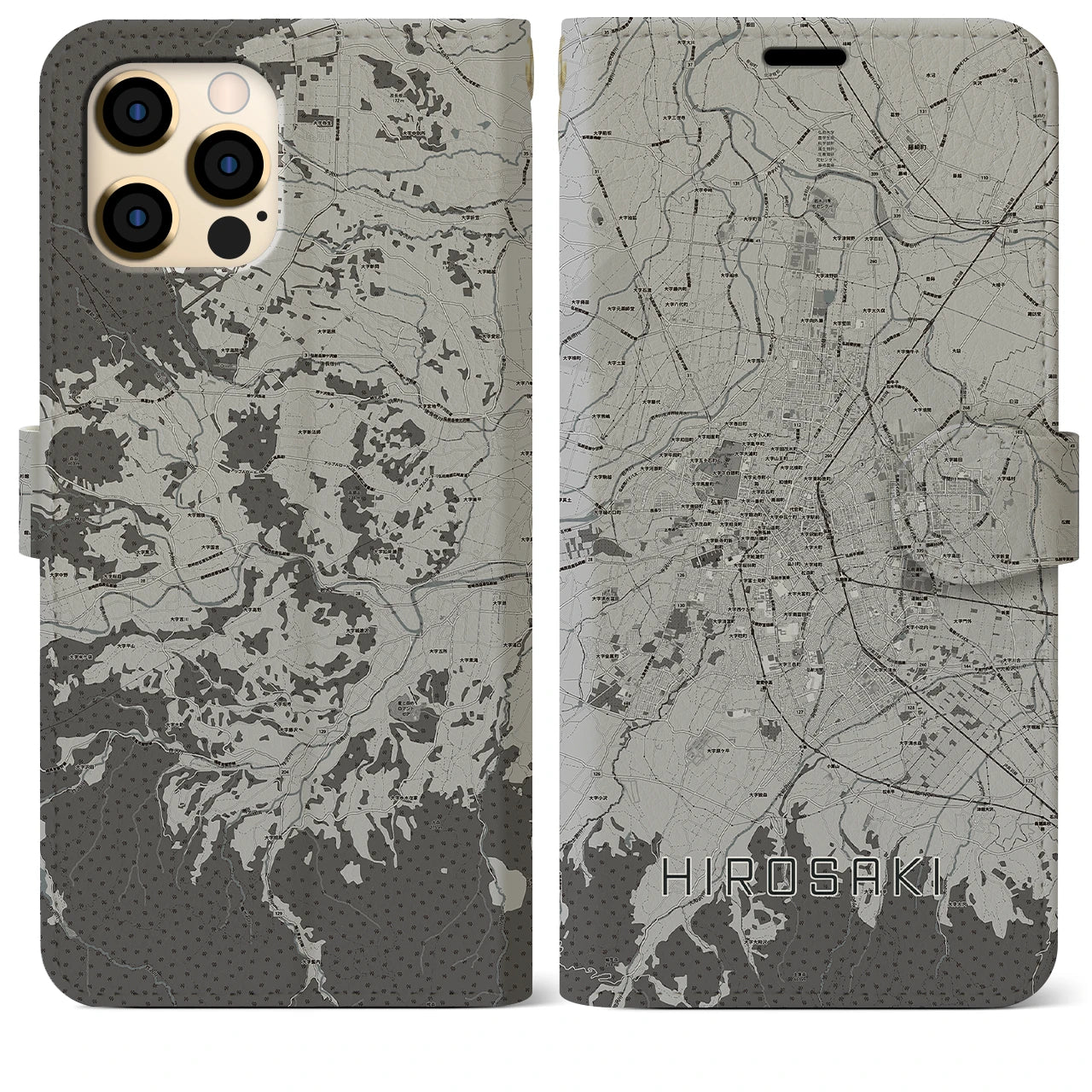 【弘前(青森県)】地図柄iPhoneケース(手帳タイプ)モノトーン・iPhone 12 Pro Max 用