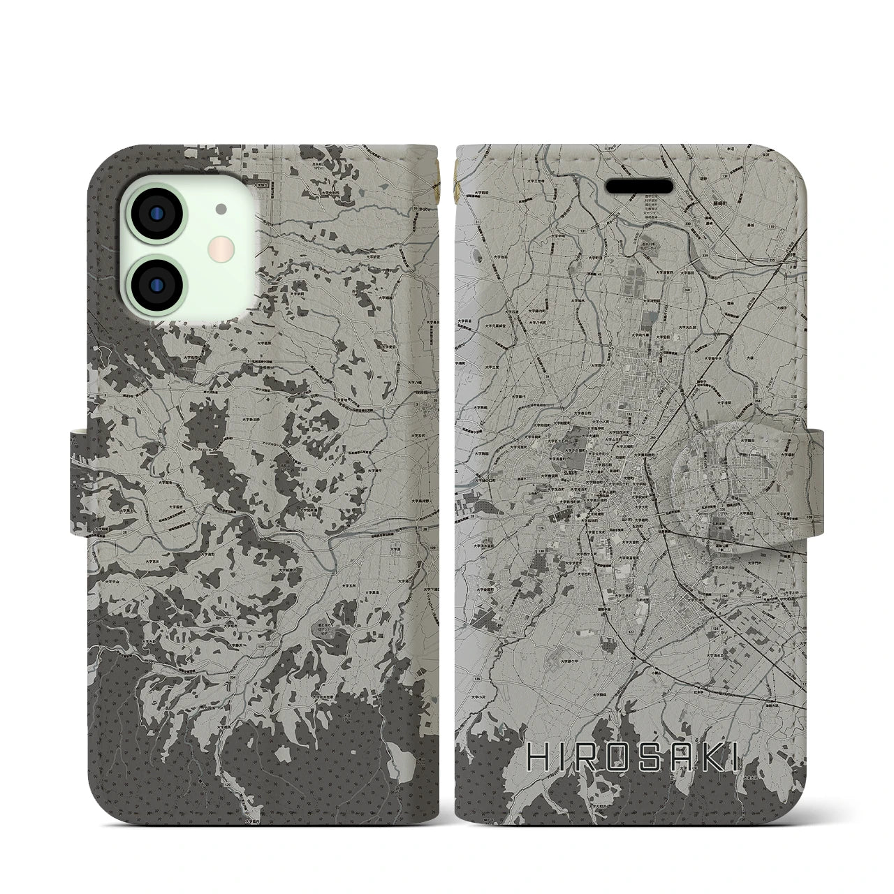 【弘前(青森県)】地図柄iPhoneケース(手帳タイプ)モノトーン・iPhone 12 mini 用