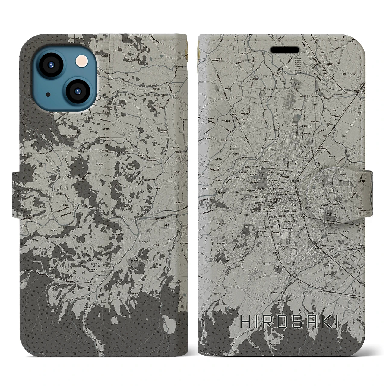 【弘前(青森県)】地図柄iPhoneケース(手帳タイプ)モノトーン・iPhone 13 用