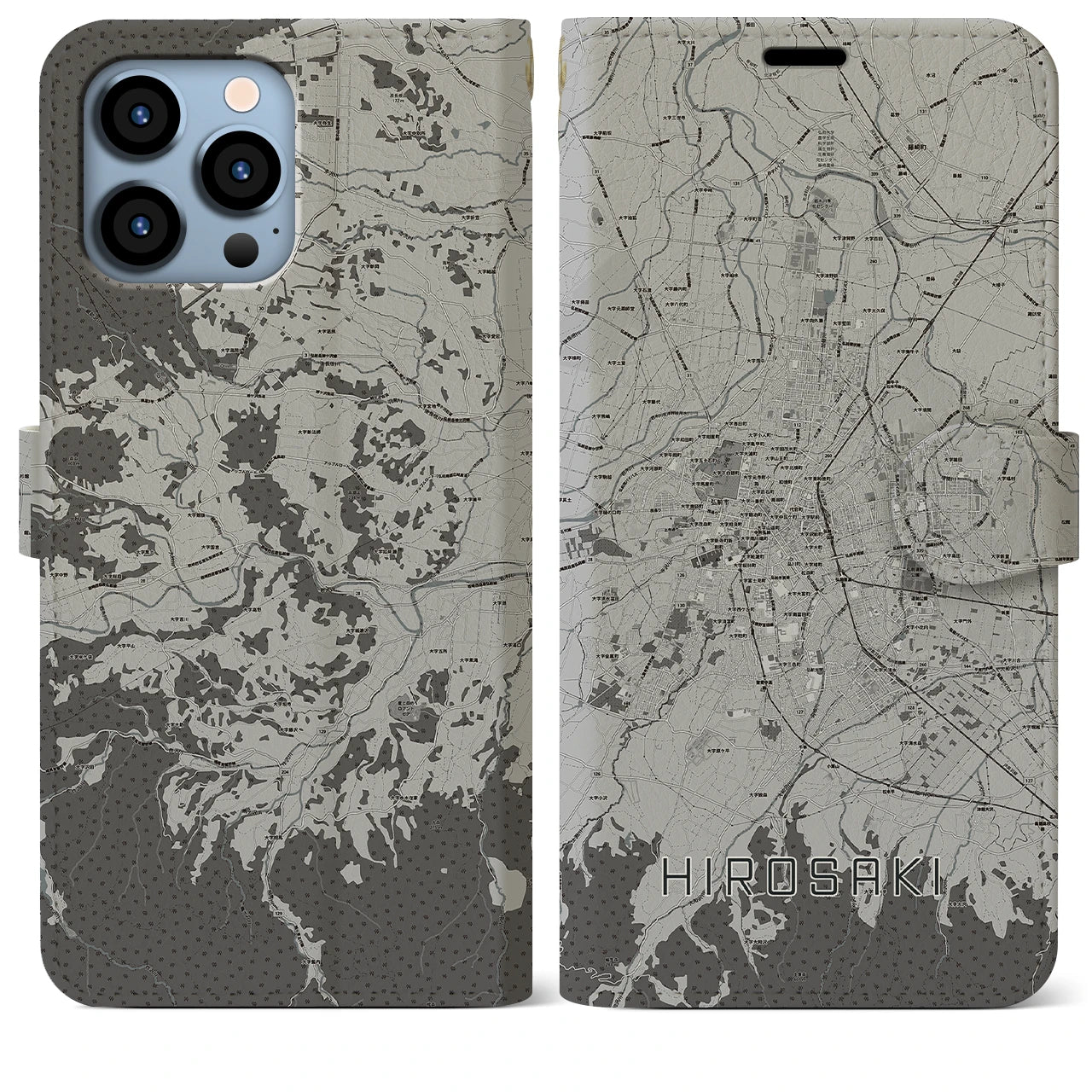 【弘前(青森県)】地図柄iPhoneケース(手帳タイプ)モノトーン・iPhone 13 Pro Max 用