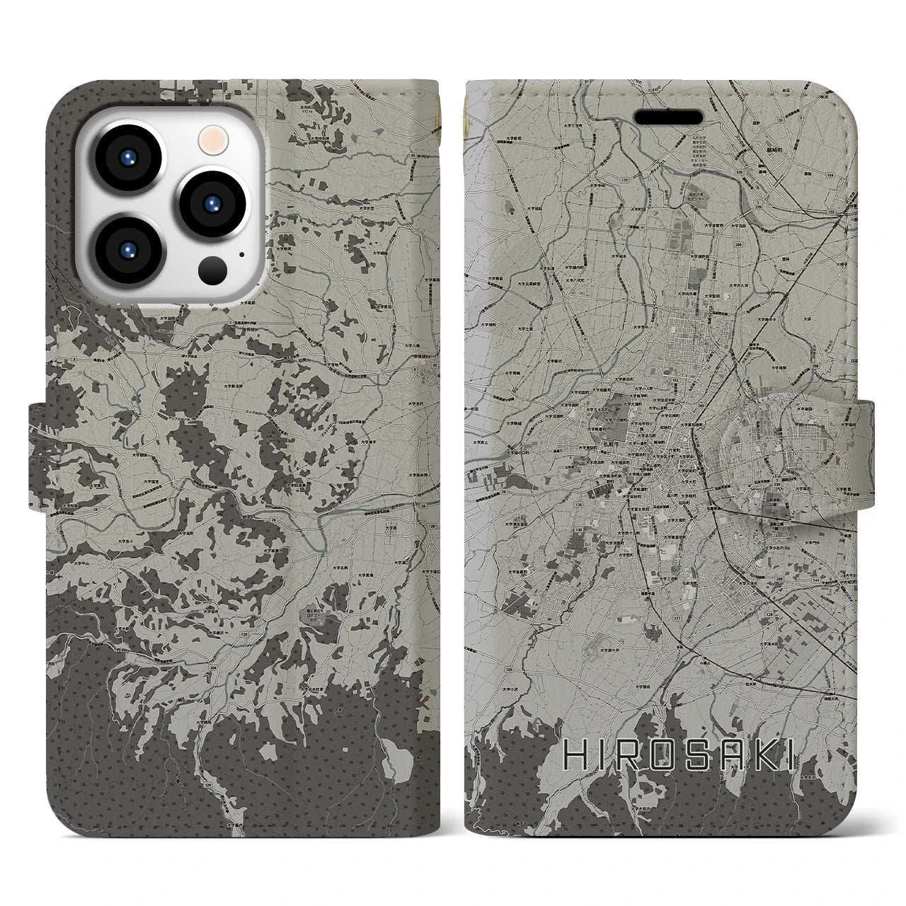 【弘前(青森県)】地図柄iPhoneケース(手帳タイプ)モノトーン・iPhone 13 Pro 用