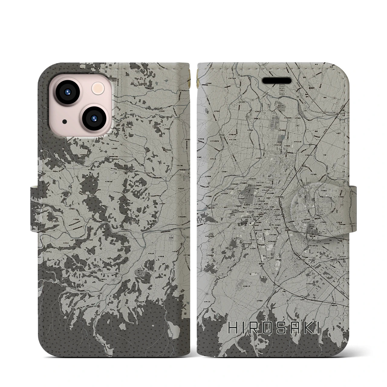 【弘前(青森県)】地図柄iPhoneケース(手帳タイプ)モノトーン・iPhone 13 mini 用