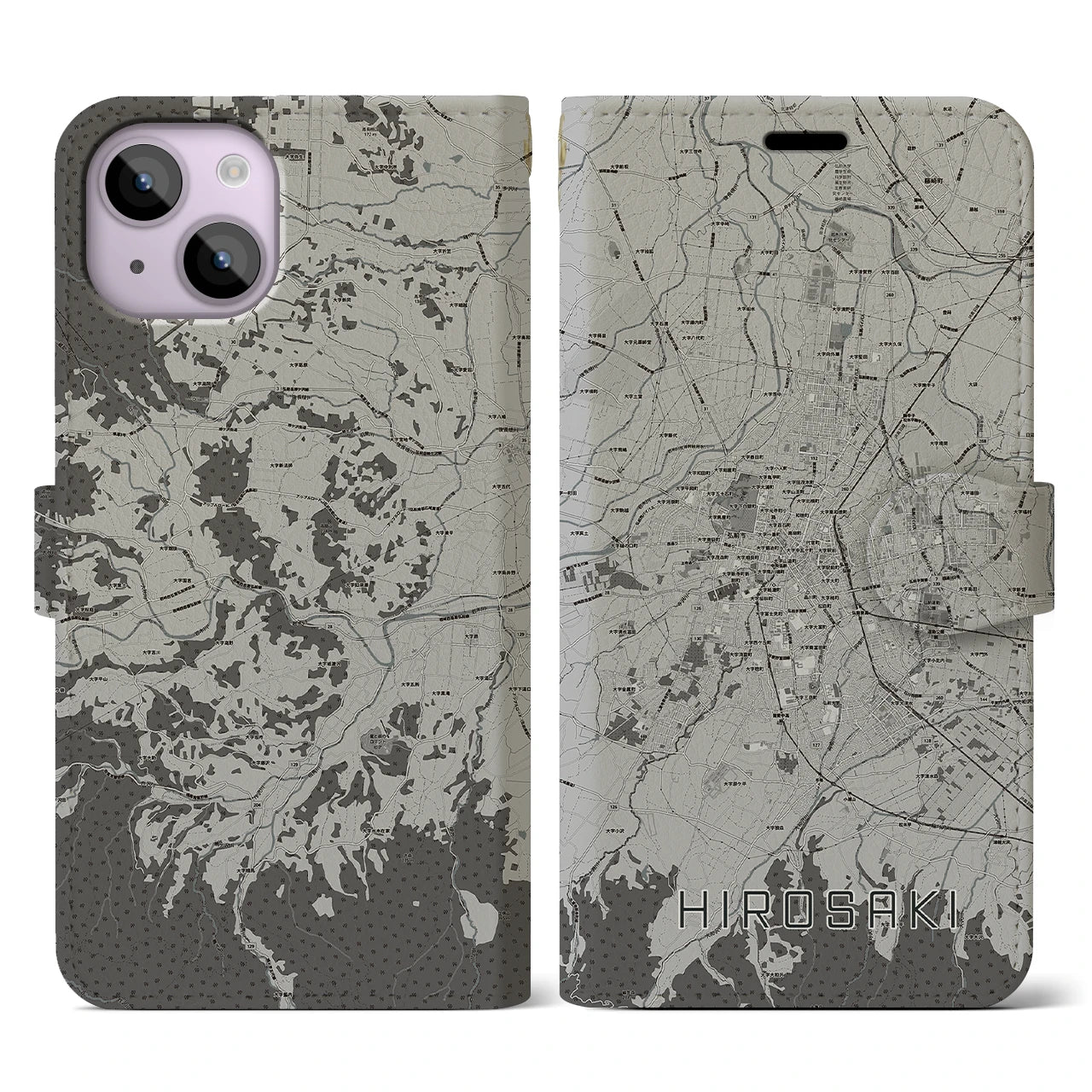 【弘前(青森県)】地図柄iPhoneケース(手帳タイプ)モノトーン・iPhone 14 用