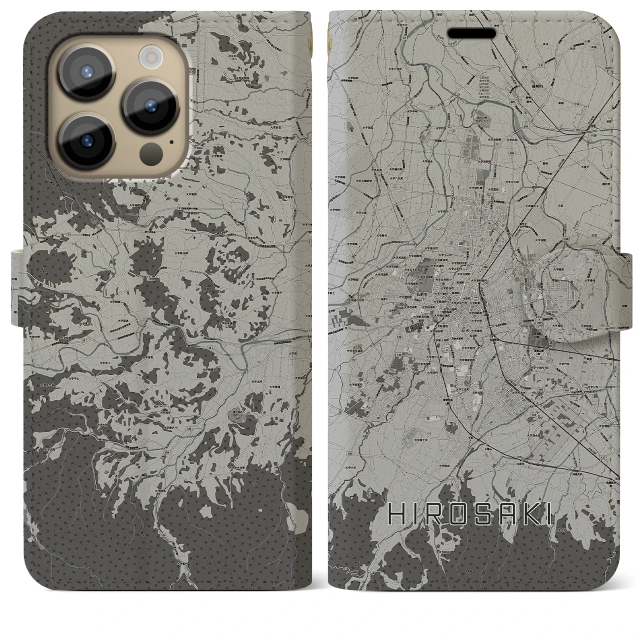 【弘前(青森県)】地図柄iPhoneケース(手帳タイプ)モノトーン・iPhone 14 Pro Max 用