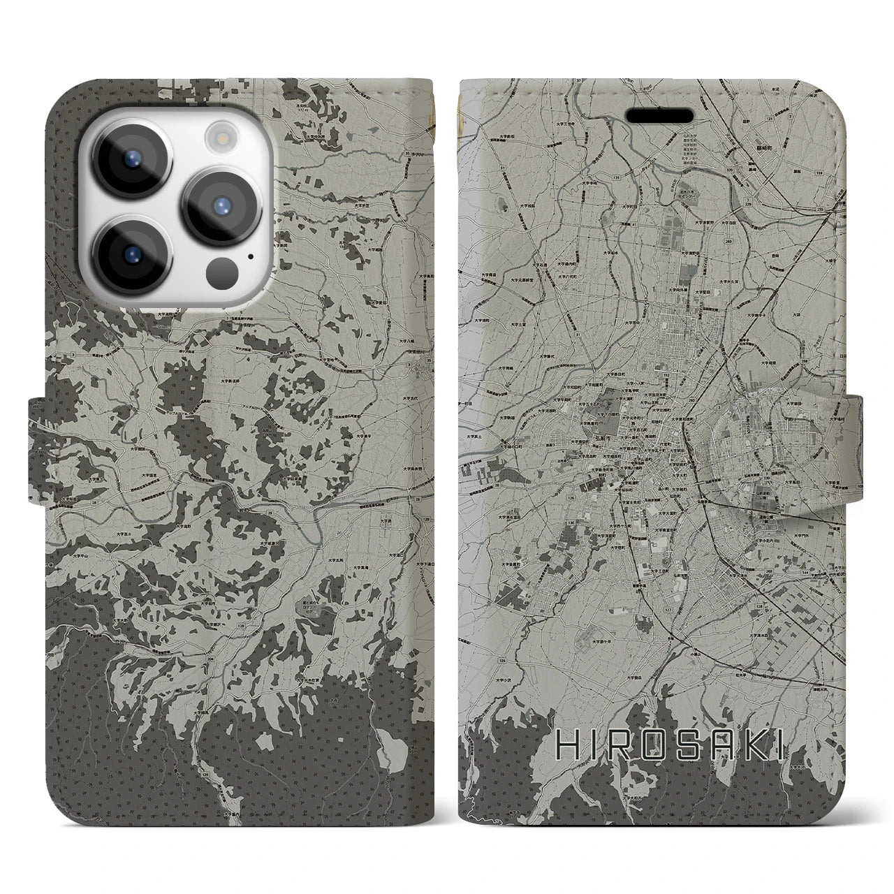 【弘前(青森県)】地図柄iPhoneケース(手帳タイプ)モノトーン・iPhone 14 Pro 用