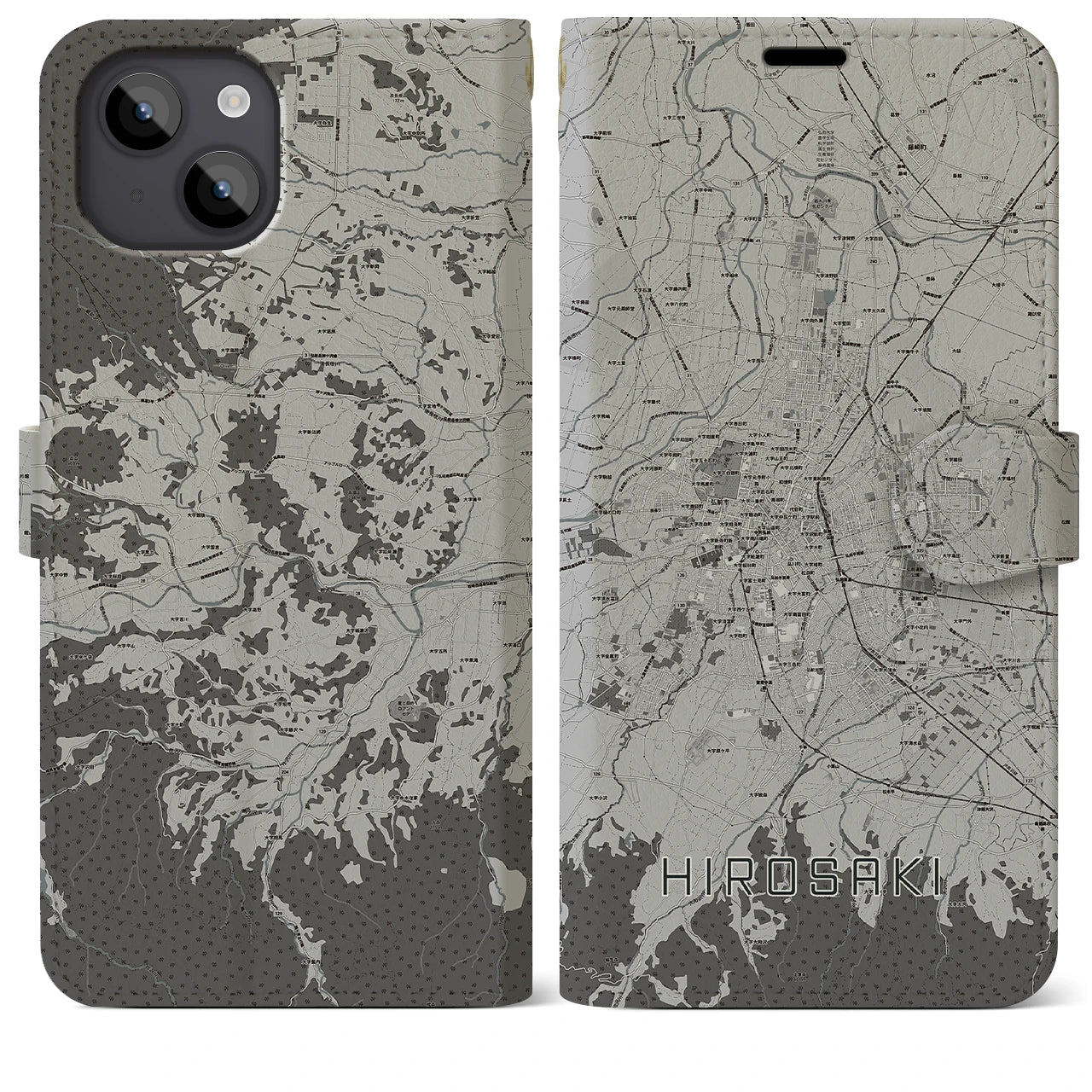 【弘前(青森県)】地図柄iPhoneケース(手帳タイプ)モノトーン・iPhone 14 Plus 用