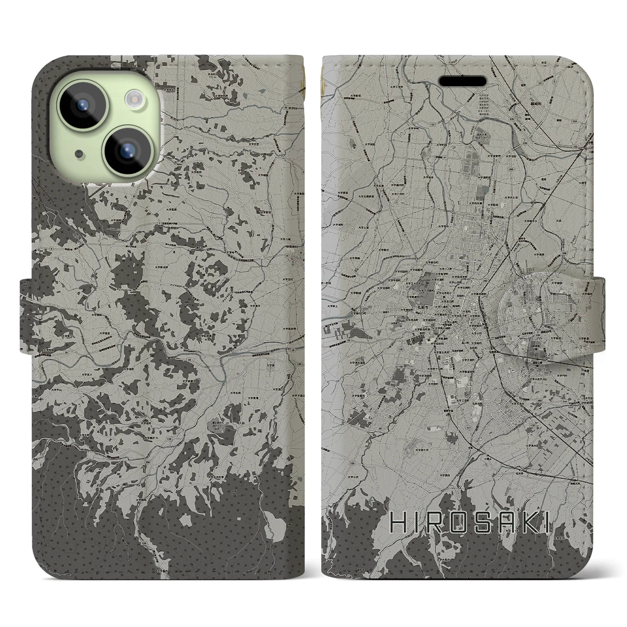 【弘前(青森県)】地図柄iPhoneケース(手帳タイプ)モノトーン・iPhone 15 用