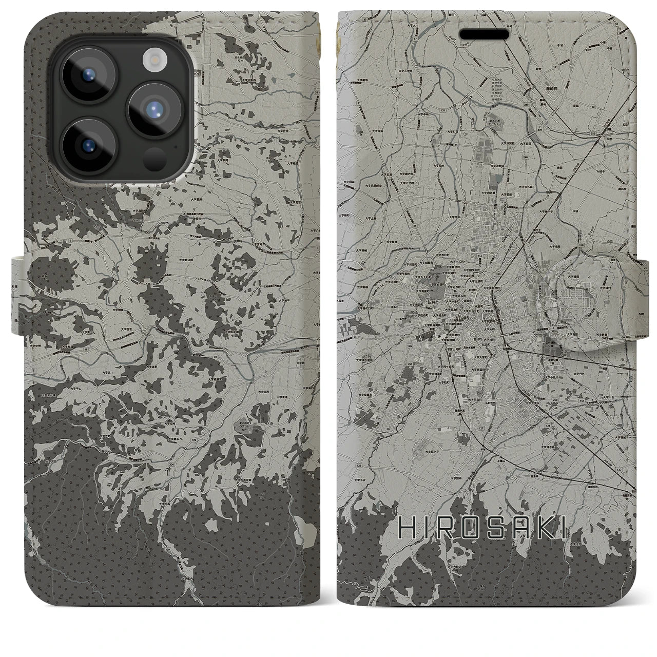 【弘前(青森県)】地図柄iPhoneケース(手帳タイプ)モノトーン・iPhone 15 Pro Max 用