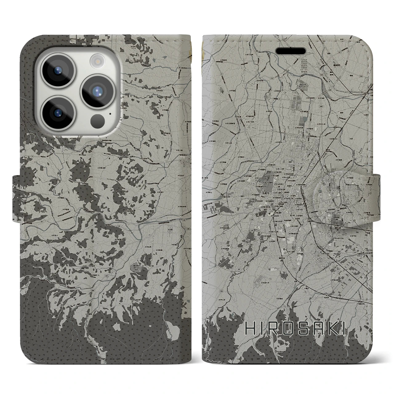 【弘前(青森県)】地図柄iPhoneケース(手帳タイプ)モノトーン・iPhone 15 Pro 用