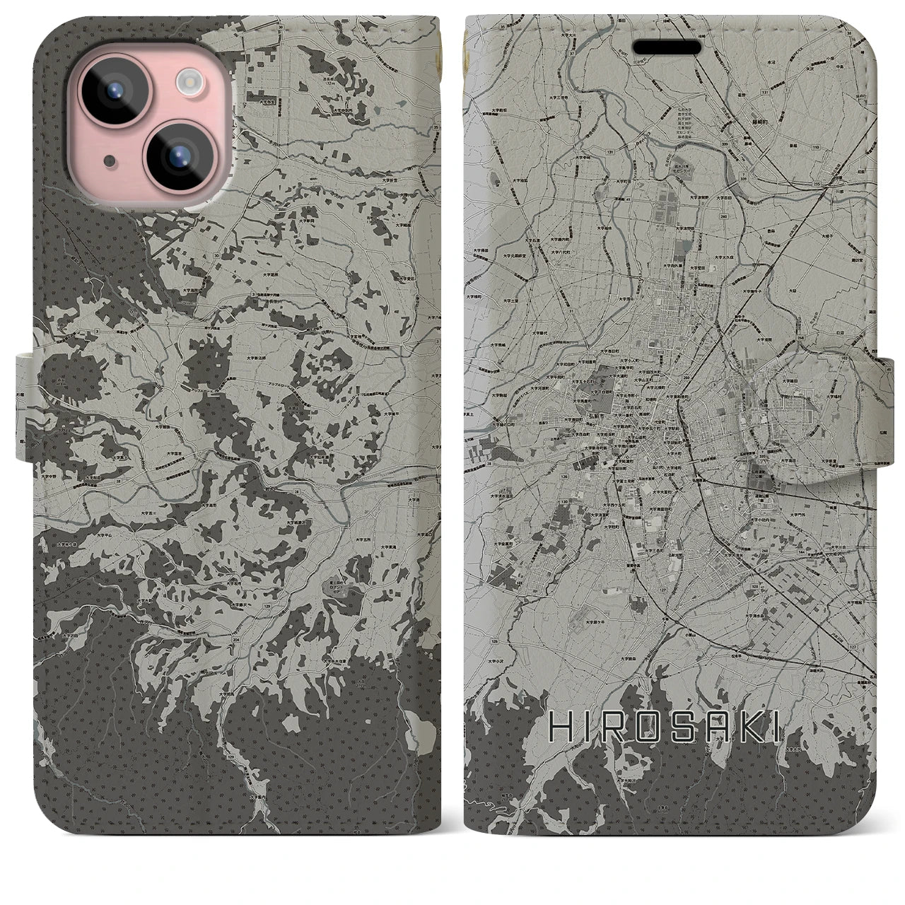 【弘前(青森県)】地図柄iPhoneケース(手帳タイプ)モノトーン・iPhone 15 Plus 用