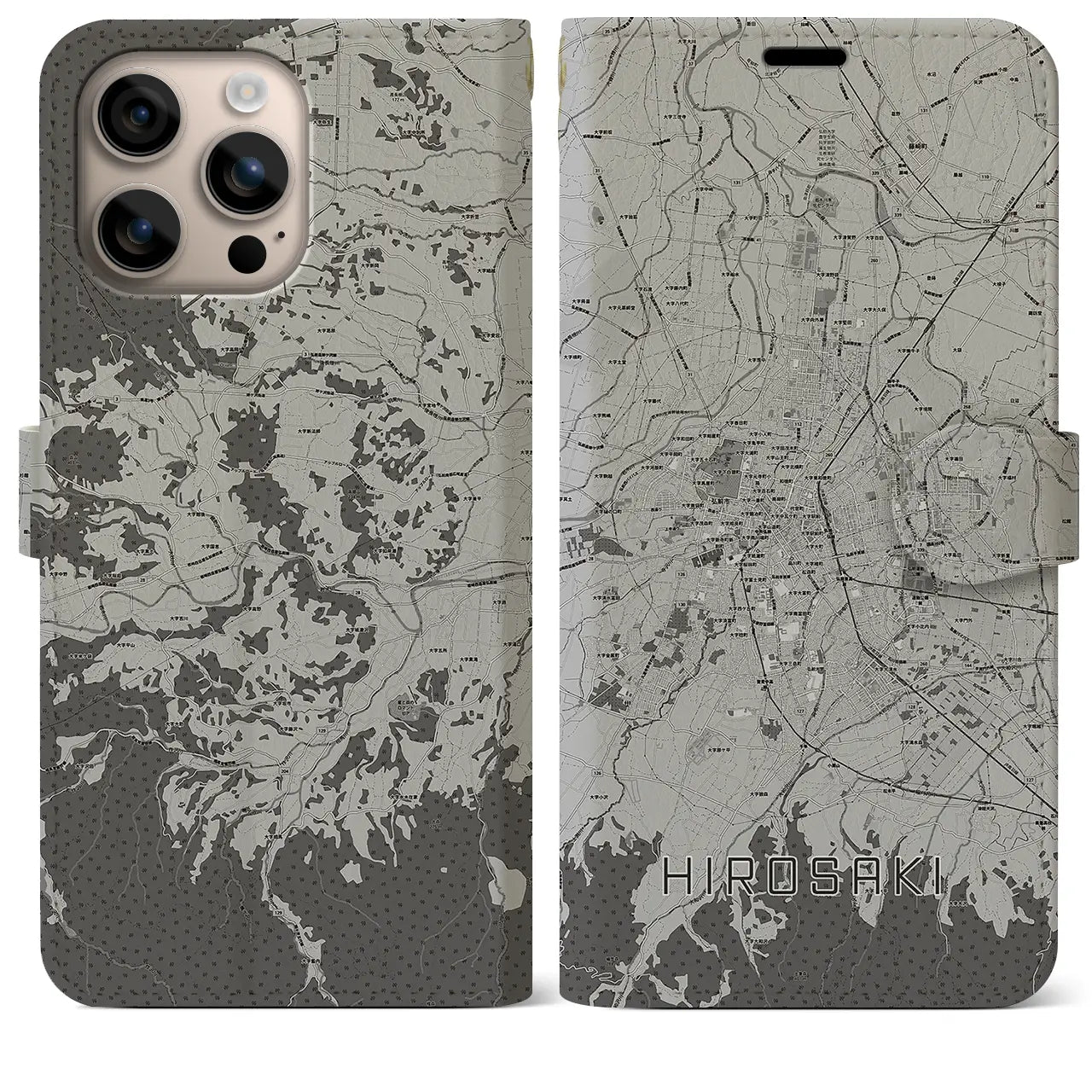 【弘前(青森県)】地図柄iPhoneケース(手帳タイプ)モノトーン・iPhone 16 Plus 用