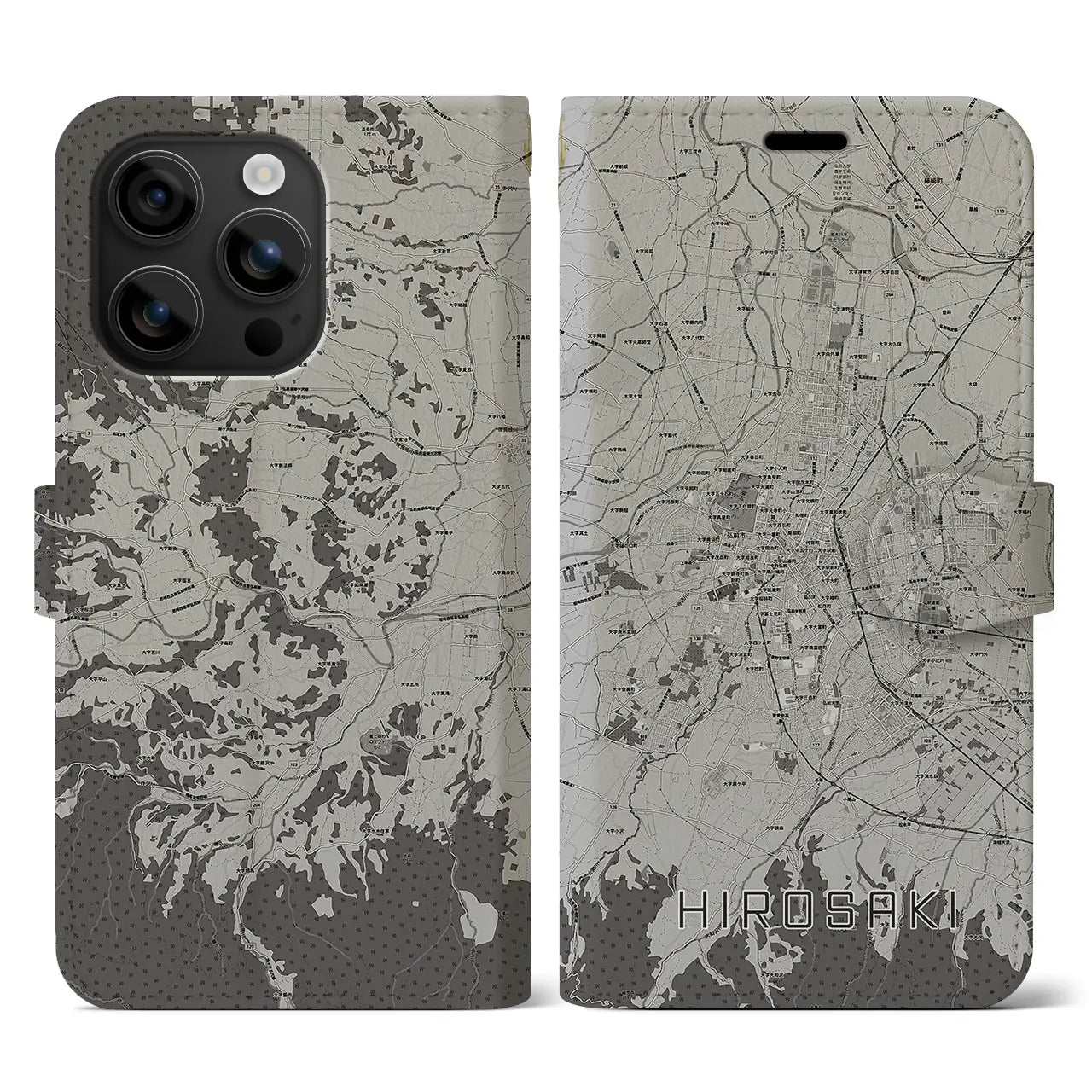 【弘前(青森県)】地図柄iPhoneケース(手帳タイプ)モノトーン・iPhone 16 用